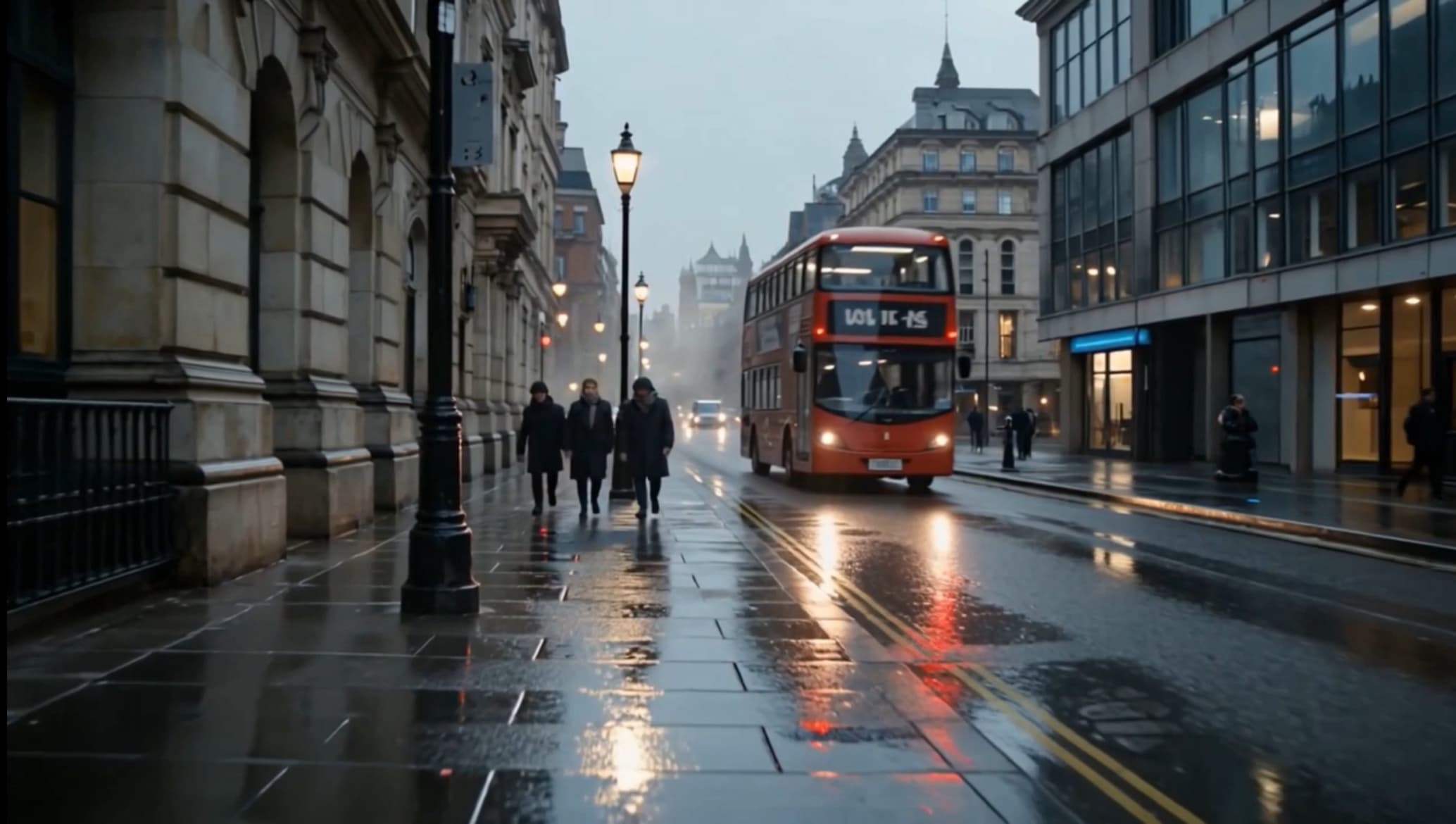 A red double-decker bus and pedestrians on a rain-soaked London street at dusk, wet pavement reflecting streetlights