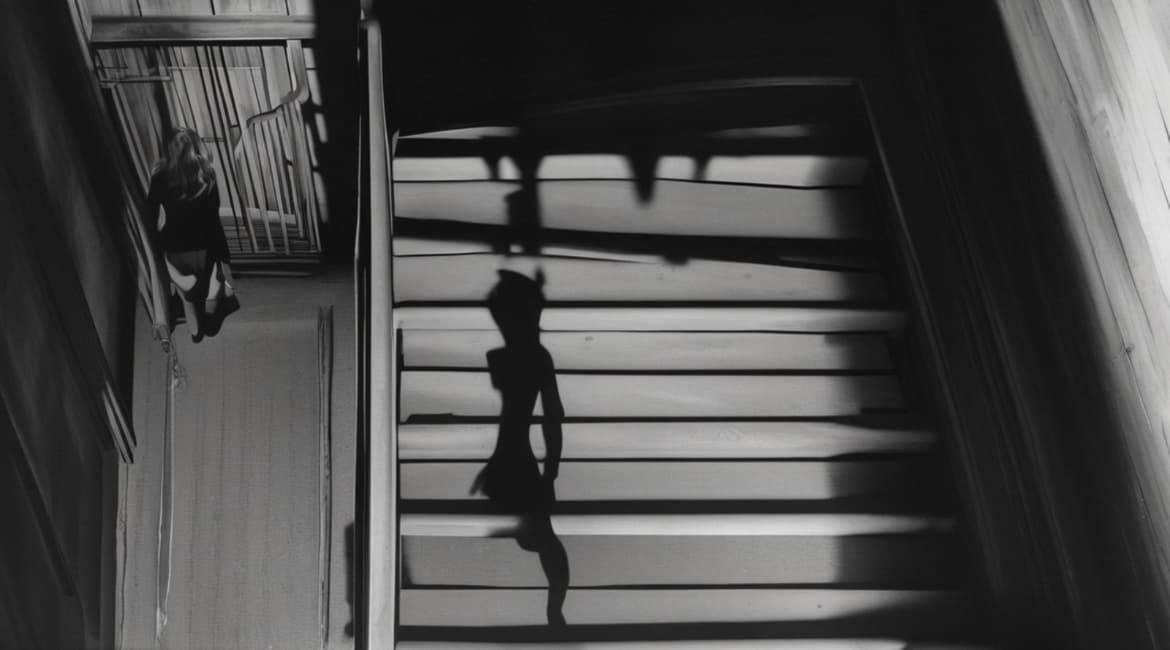 High-contrast overhead view of a wooden staircase, a woman's shadow cast across the steps