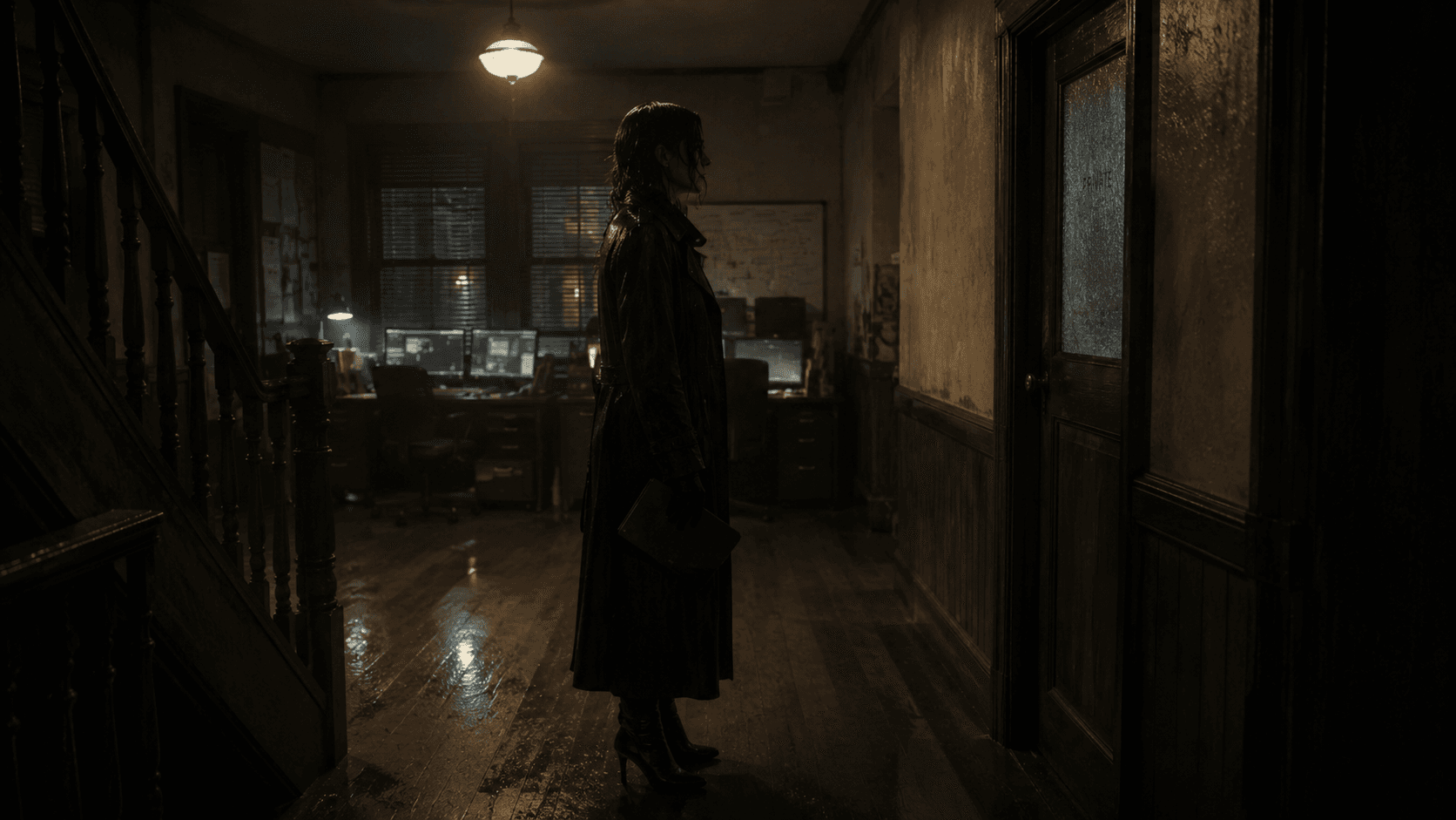 Helen standing in a dark wood-paneled hallway beside a staircase, holding a folder, facing a door marked PRIVATE