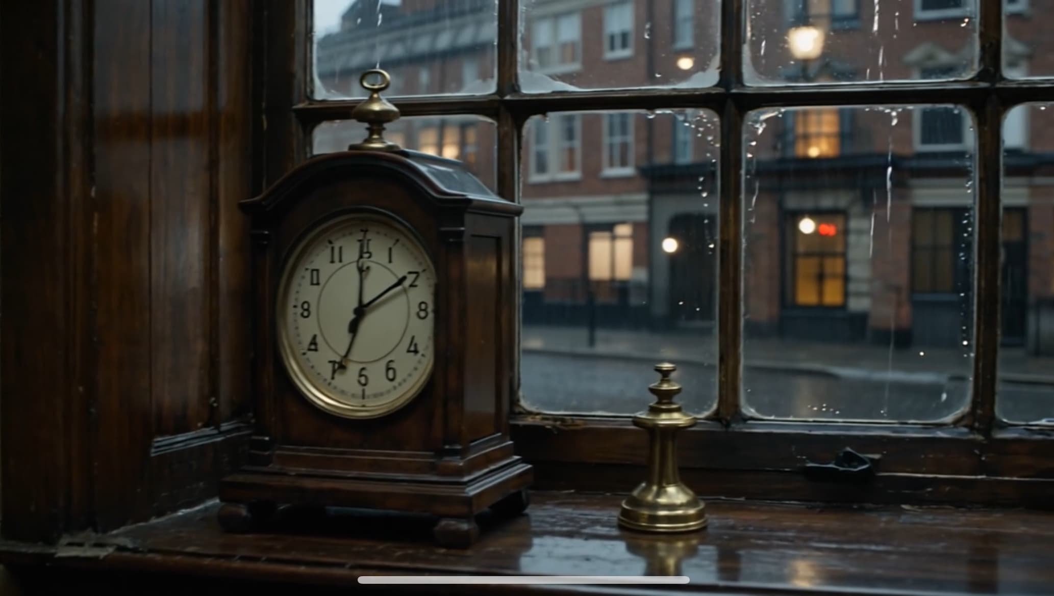 An antique desk clock beside a rain-streaked window overlooking a wet London street at night