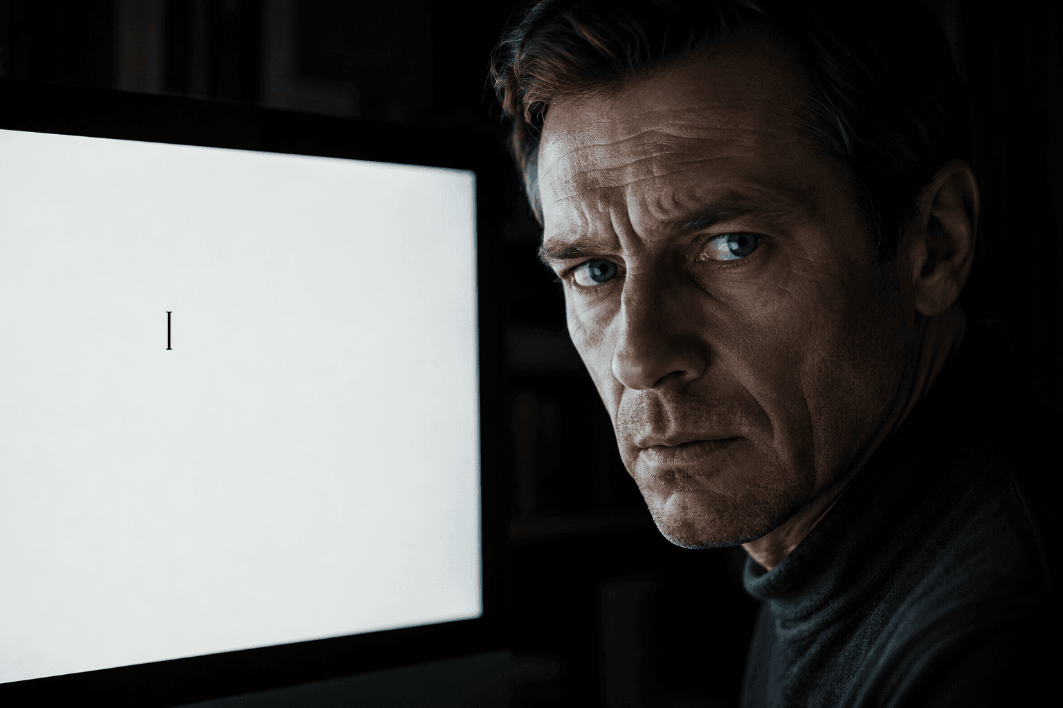 Michael's face lit by a blank white monitor showing a single blinking cursor, dark room