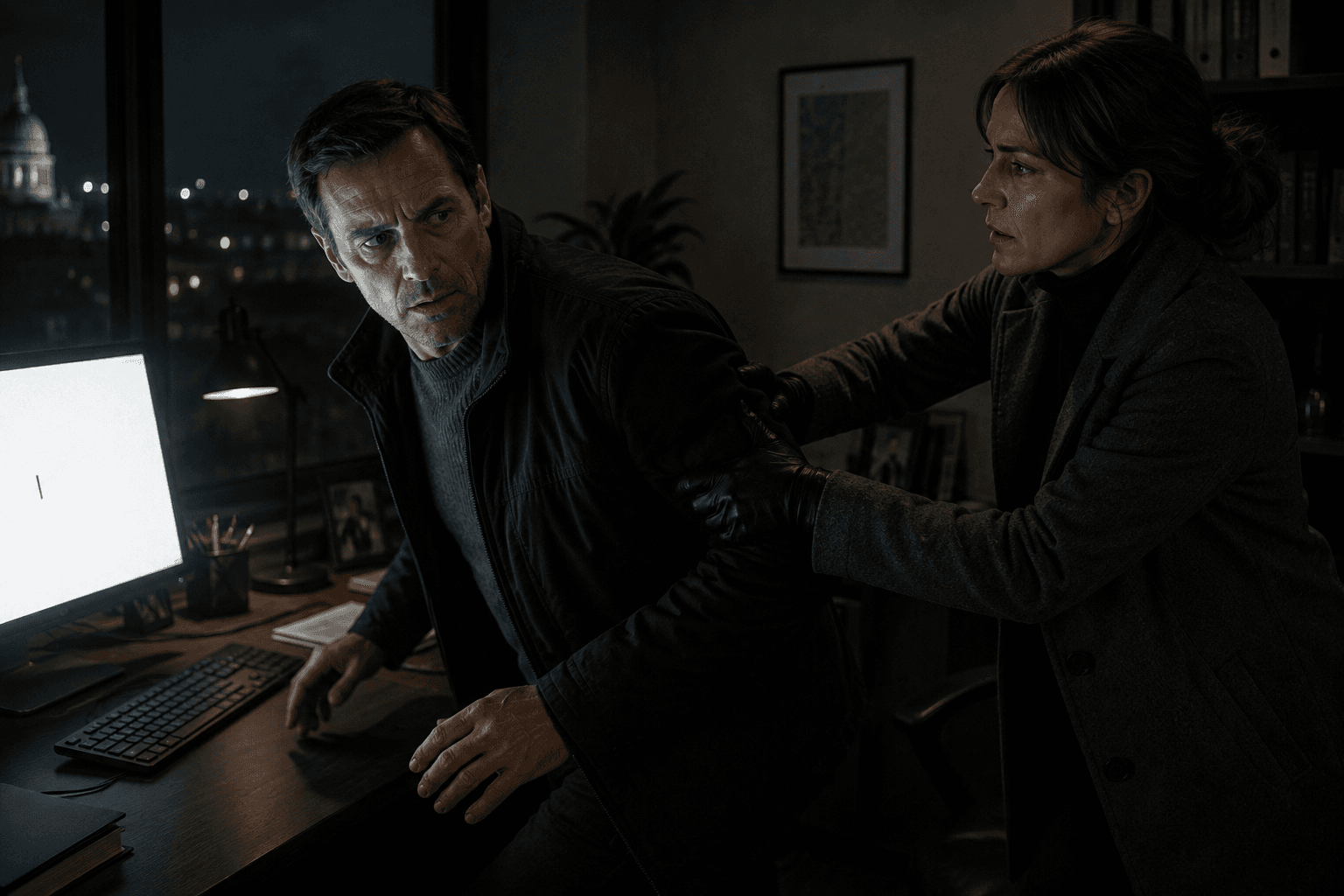 Helen gripping Michael's arm, pulling him back from his desk in a dark office